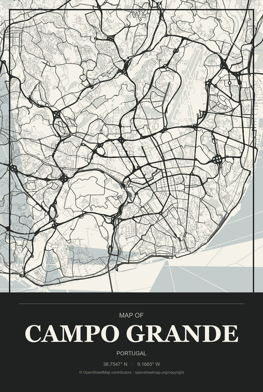 Campo Grande, Portugal City Map Aluminum Sign in Museum Plaque style