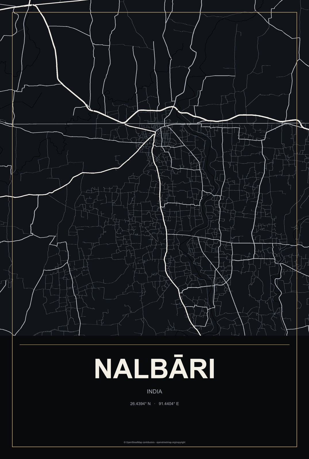 Nalbāri, India City Map Aluminum Sign in Metropolitan Noir style