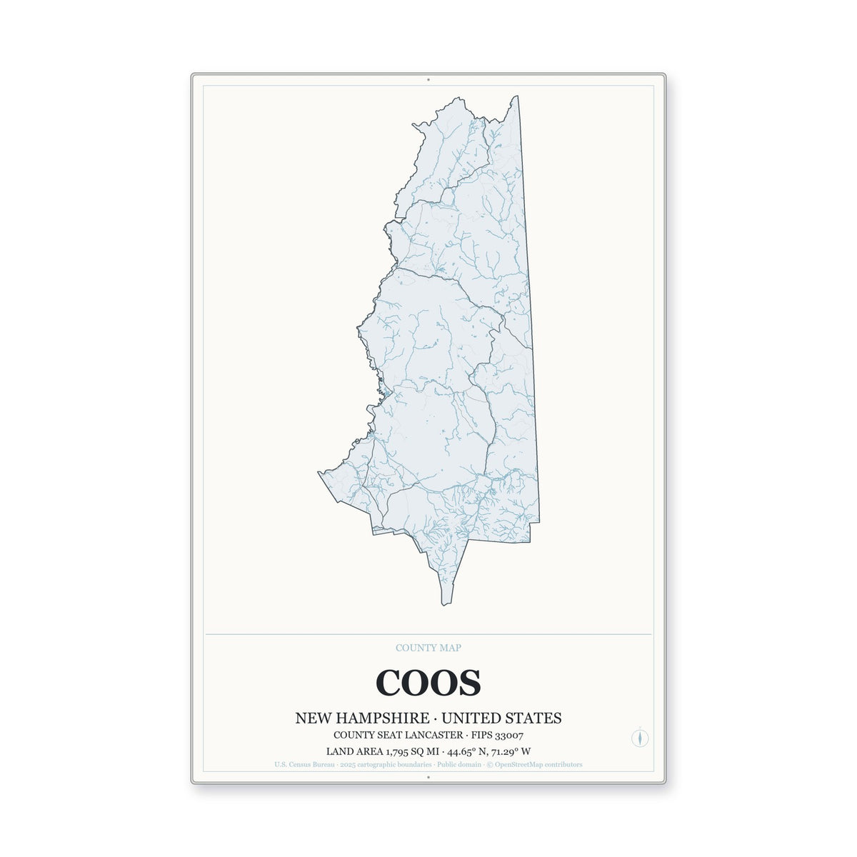 Coos County, New Hampshire Map Aluminum Sign in Gallery Air style