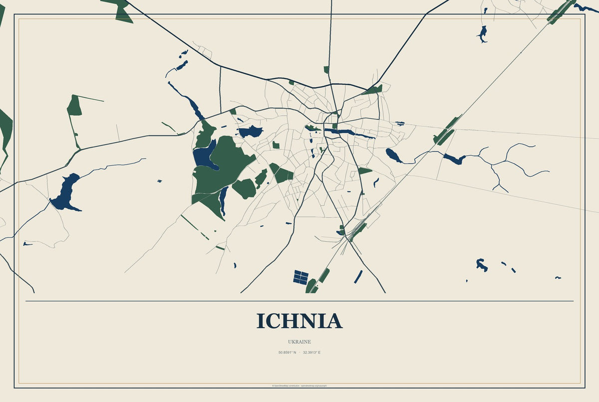 Ichnia, Ukraine City Map Aluminum Sign in Coastal Cutout style
