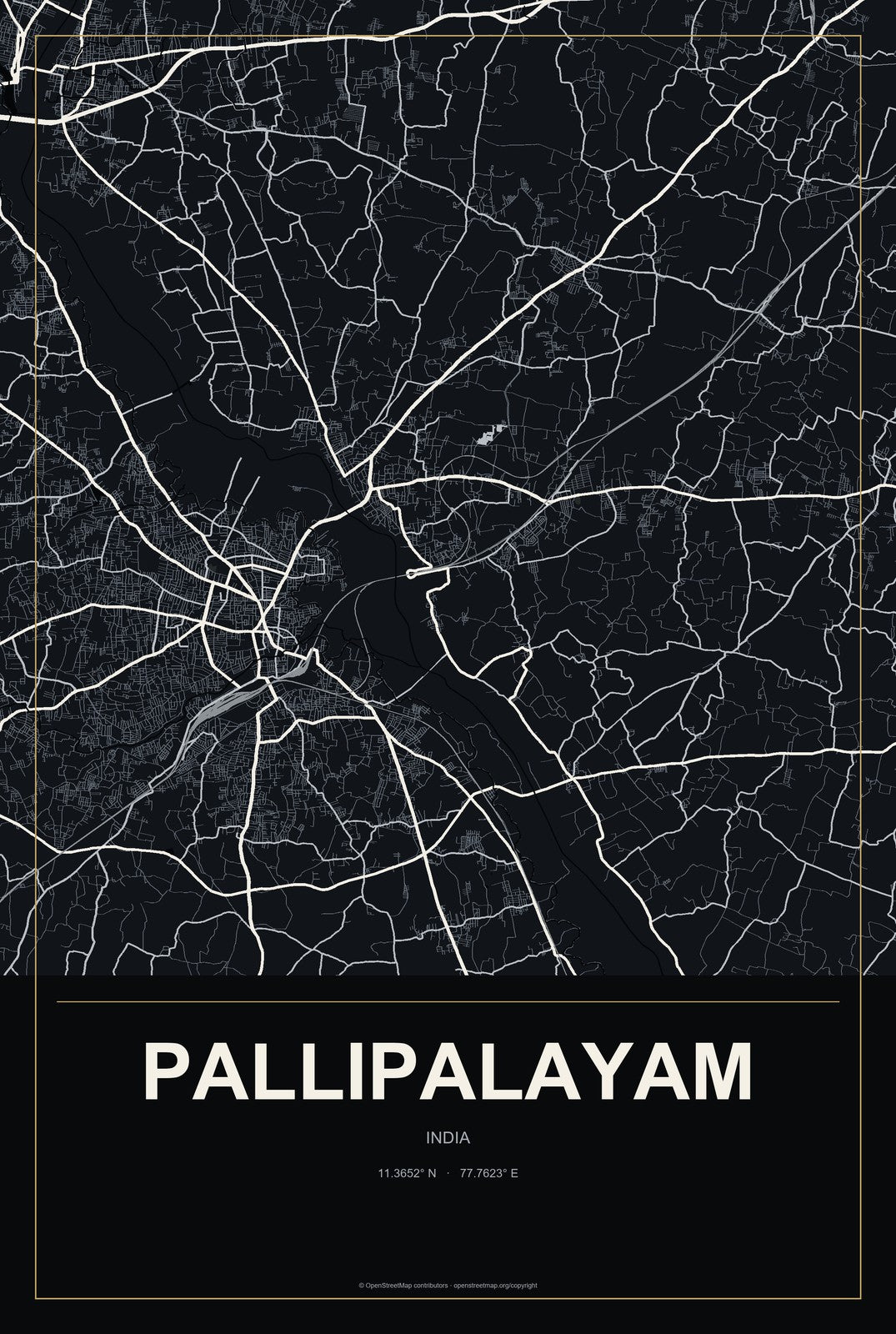 Pallipalayam, India City Map Aluminum Sign in Metropolitan Noir style