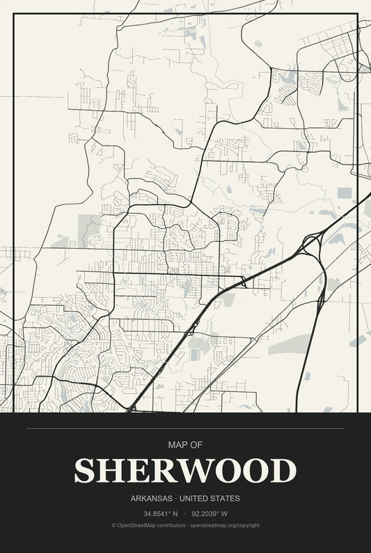 Sherwood, Arkansas City Map Aluminum Sign in Museum Plaque style