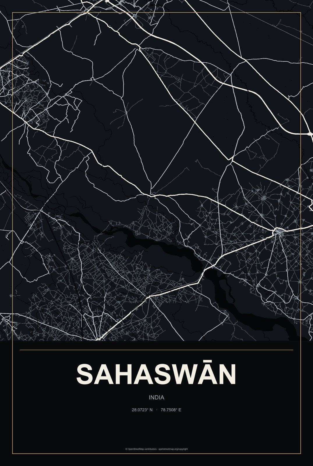 Sahaswān, India City Map Aluminum Sign in Metropolitan Noir style