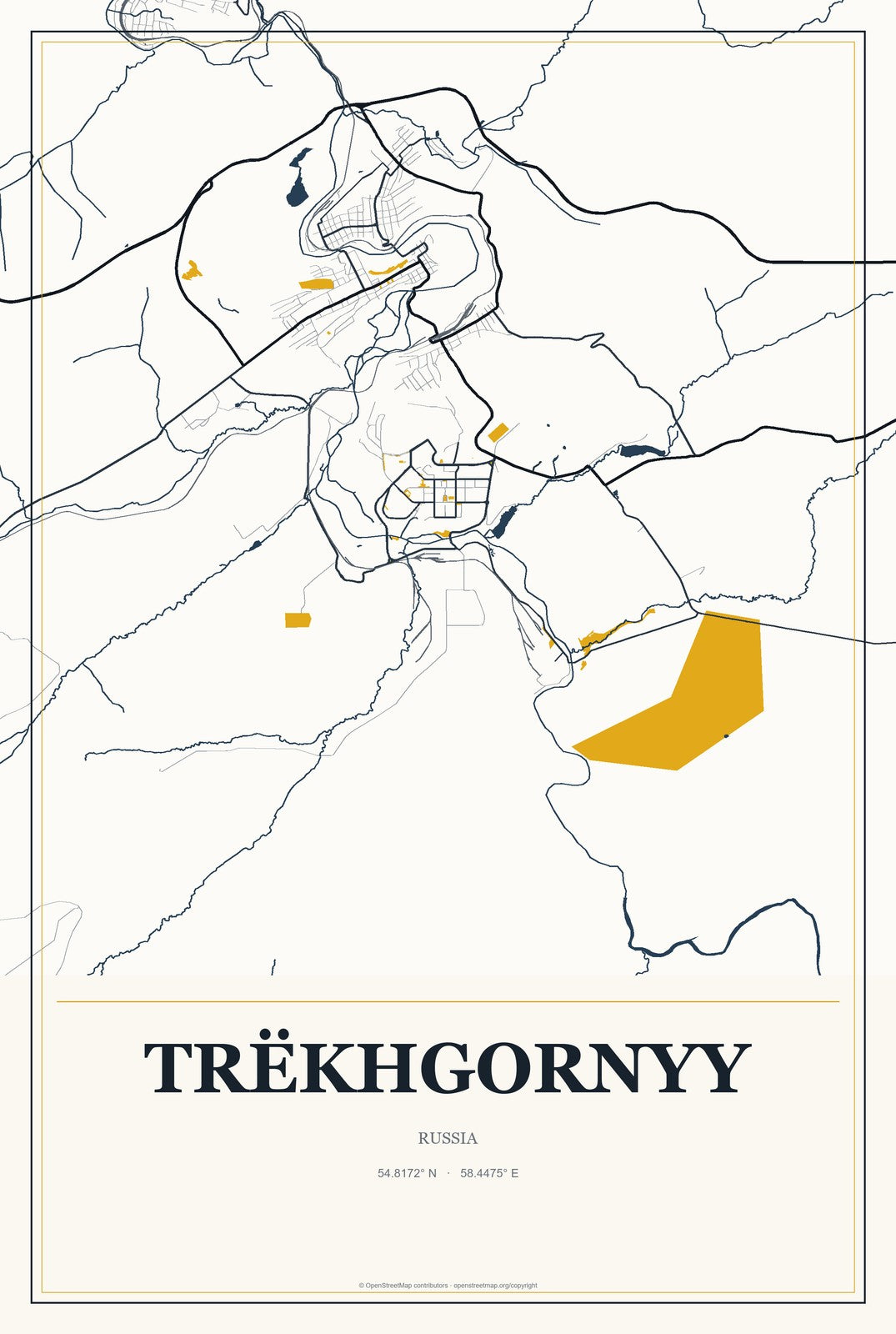 Trëkhgornyy, Russia City Map Aluminum Sign in Citrine Modern style