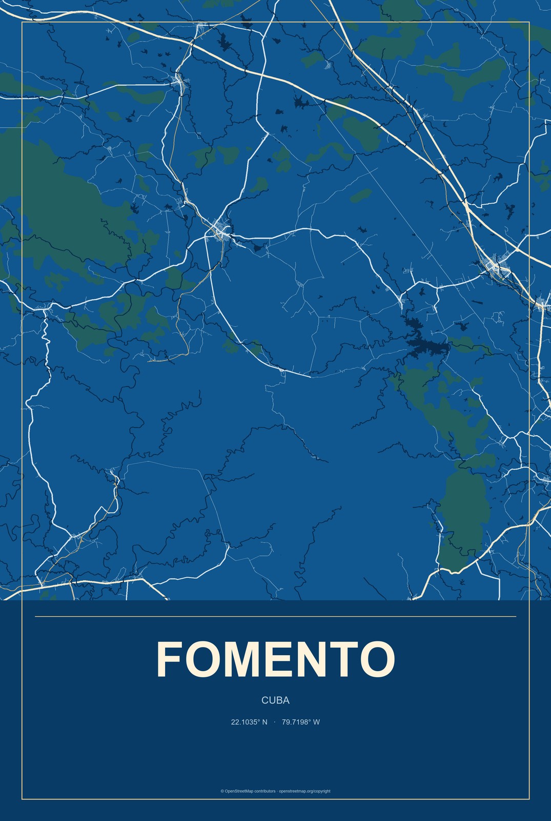 Fomento, Cuba City Map Aluminum Sign in Harbor Cobalt style