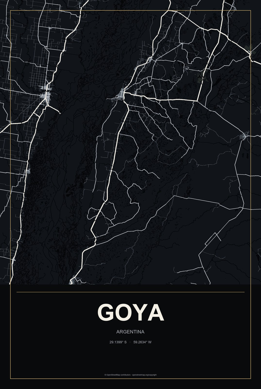 Goya, Argentina City Map Aluminum Sign in Metropolitan Noir style