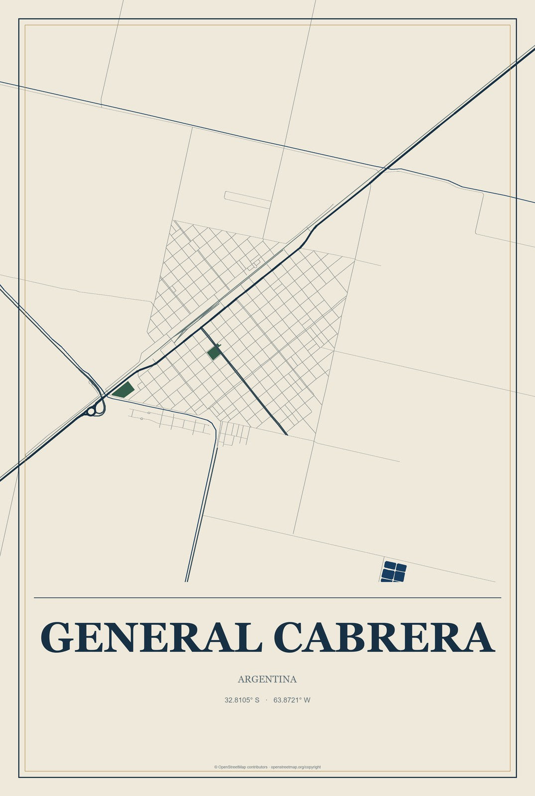 General Cabrera, Argentina City Map Aluminum Sign in Coastal Cutout style