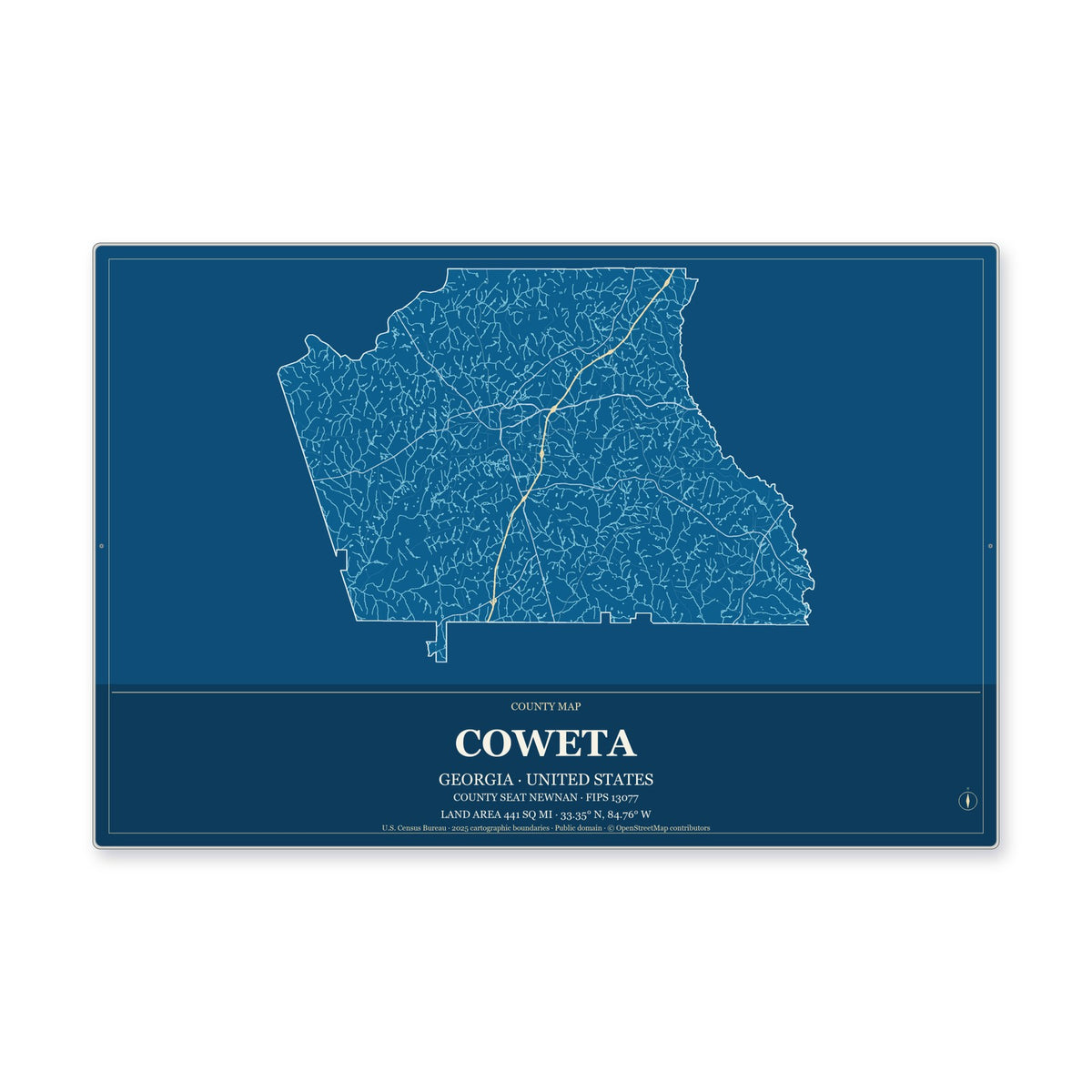 Coweta County, Georgia Map Aluminum Sign in Harbor Cobalt style