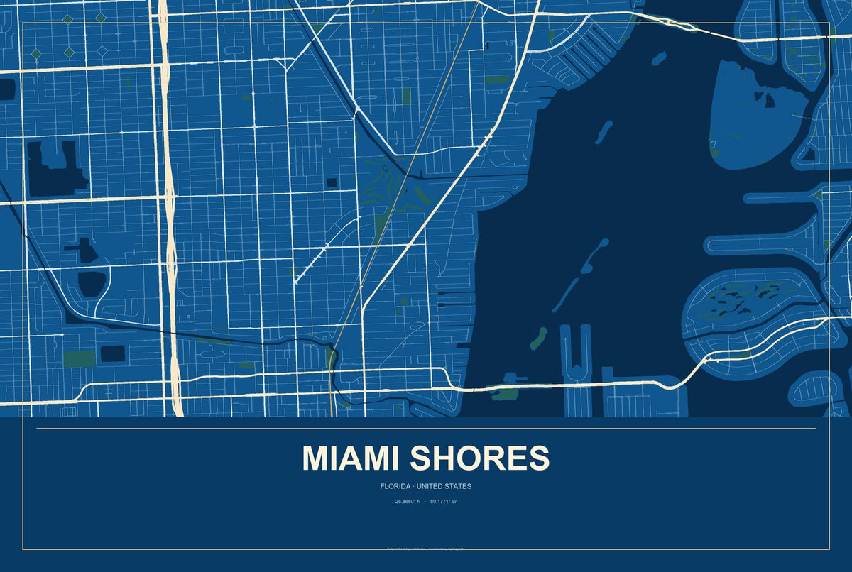 Miami Shores, Florida City Map Aluminum Sign in Harbor Cobalt style