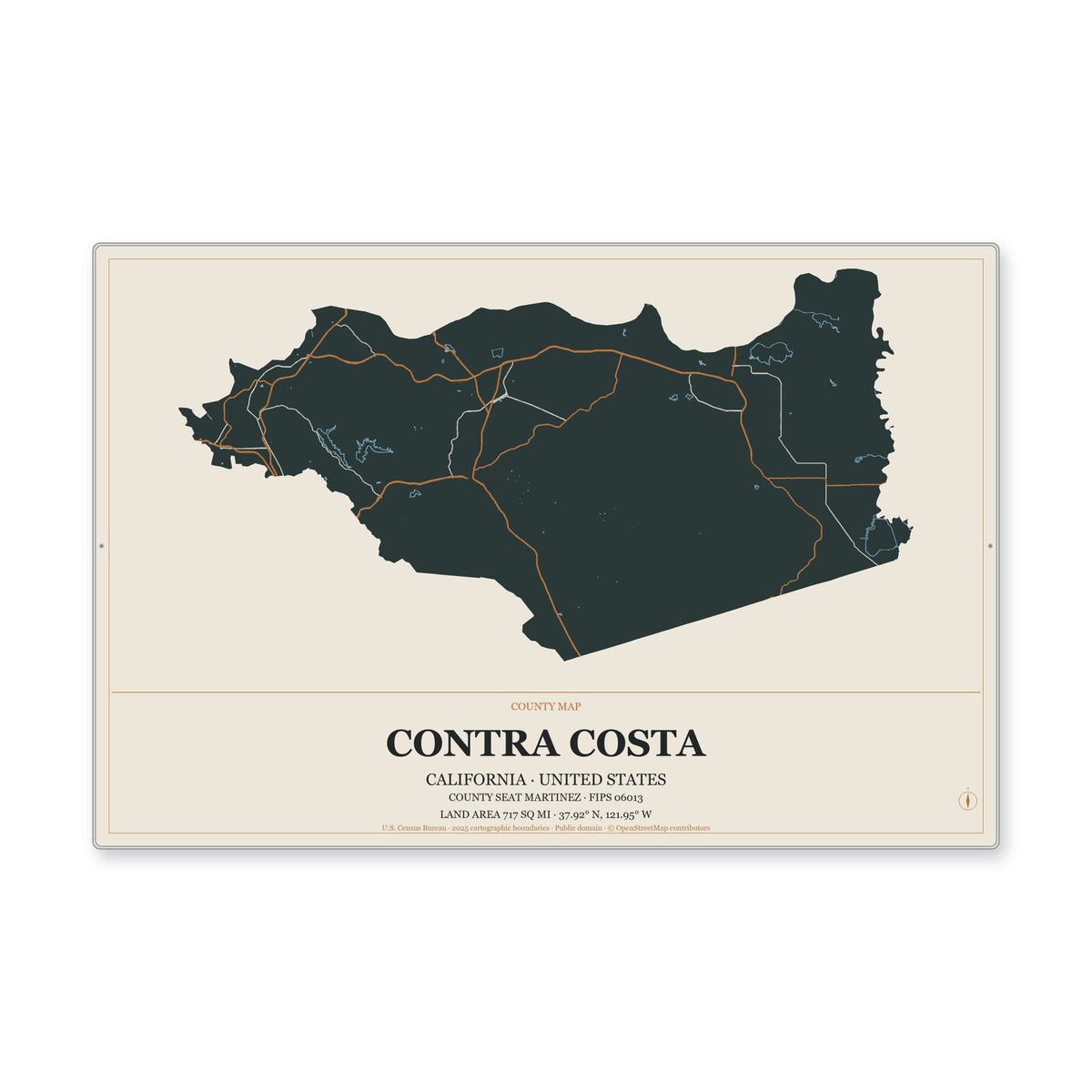 Contra Costa County, California Map Aluminum Sign in Headline Atlas style