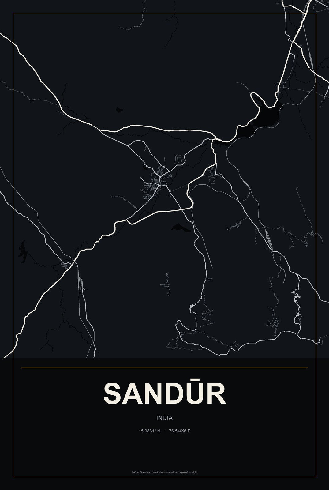Sandūr, India City Map Aluminum Sign in Metropolitan Noir style