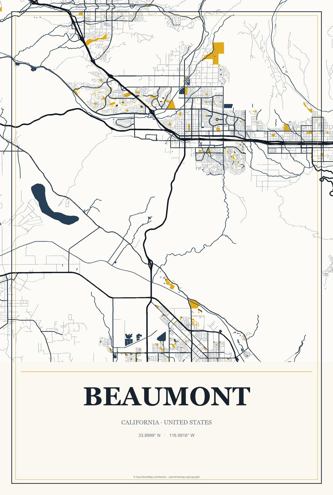 Beaumont, California City Map Aluminum Sign in Citrine Modern style
