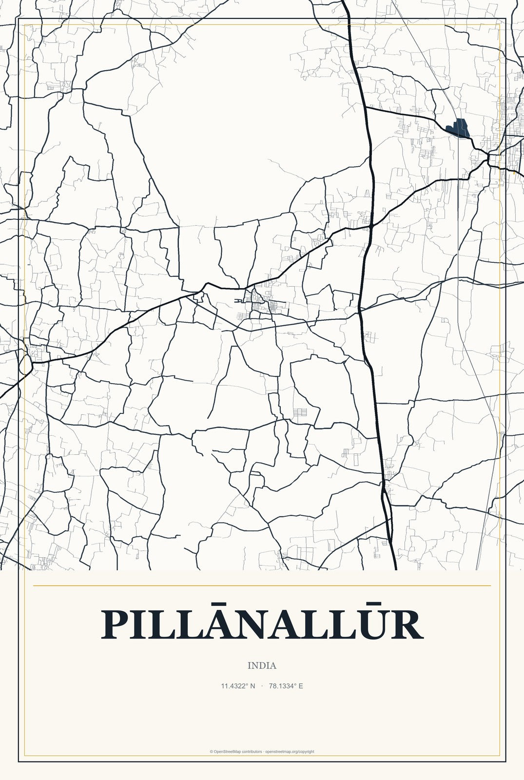 Pillānallūr, India City Map Aluminum Sign in Citrine Modern style