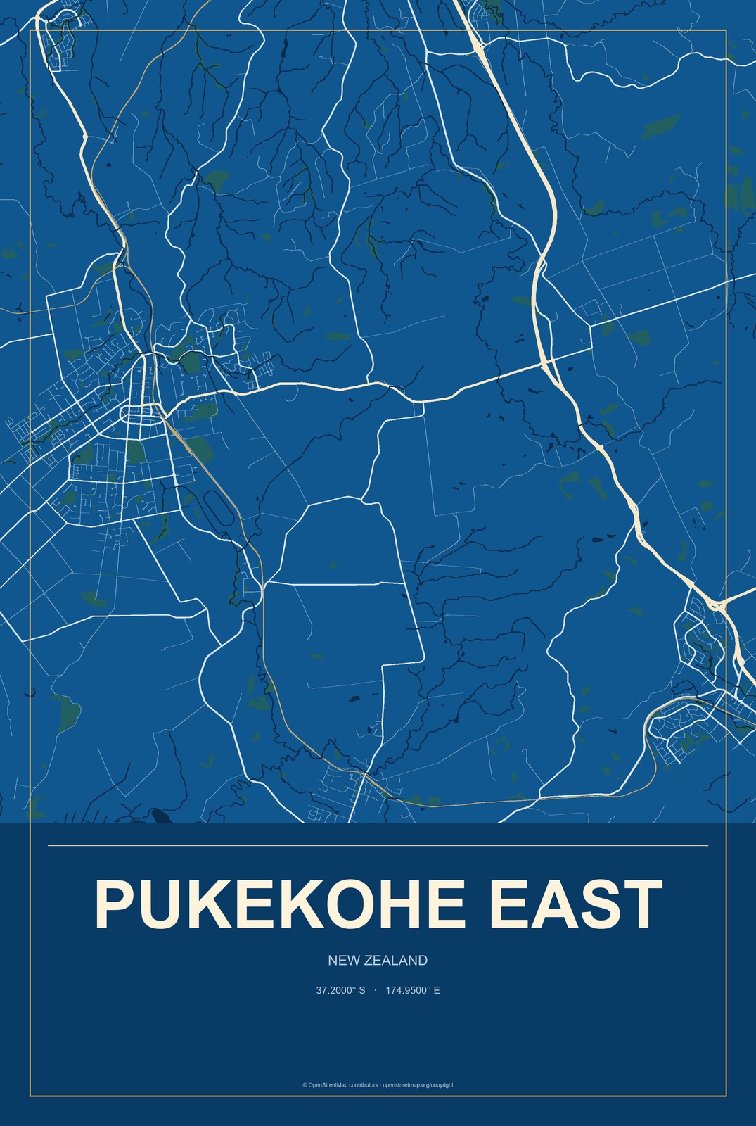 Pukekohe East, New Zealand City Map Aluminum Sign in Harbor Cobalt style