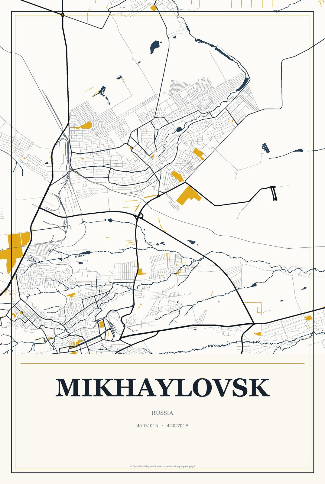 Mikhaylovsk, Sverdlovsk Oblast, Russia City Map Aluminum Sign in Citrine Modern style