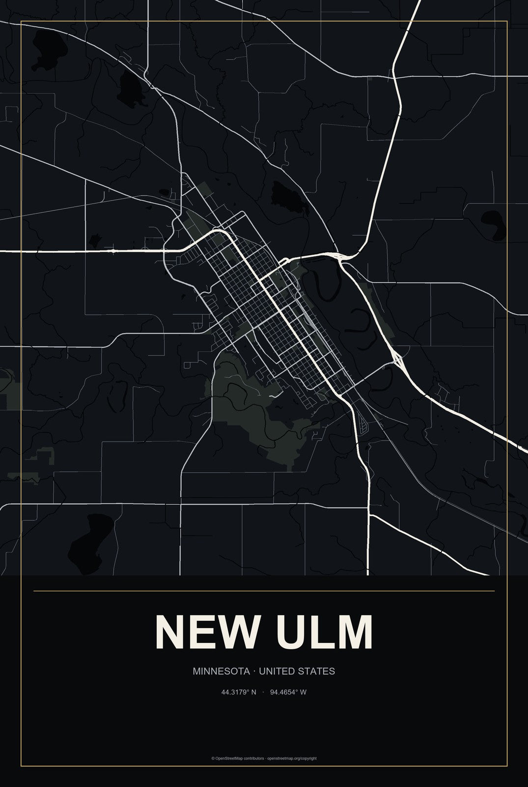 New Ulm, Minnesota City Map Aluminum Sign in Metropolitan Noir style