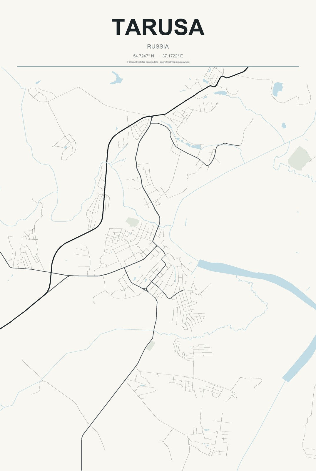 Tarusa, Russia City Map Aluminum Sign in Headline Atlas style