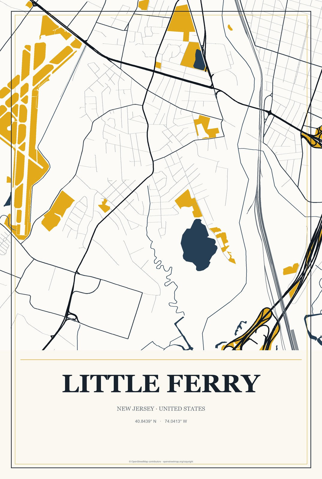 Little Ferry, New Jersey City Map Aluminum Sign in Citrine Modern style