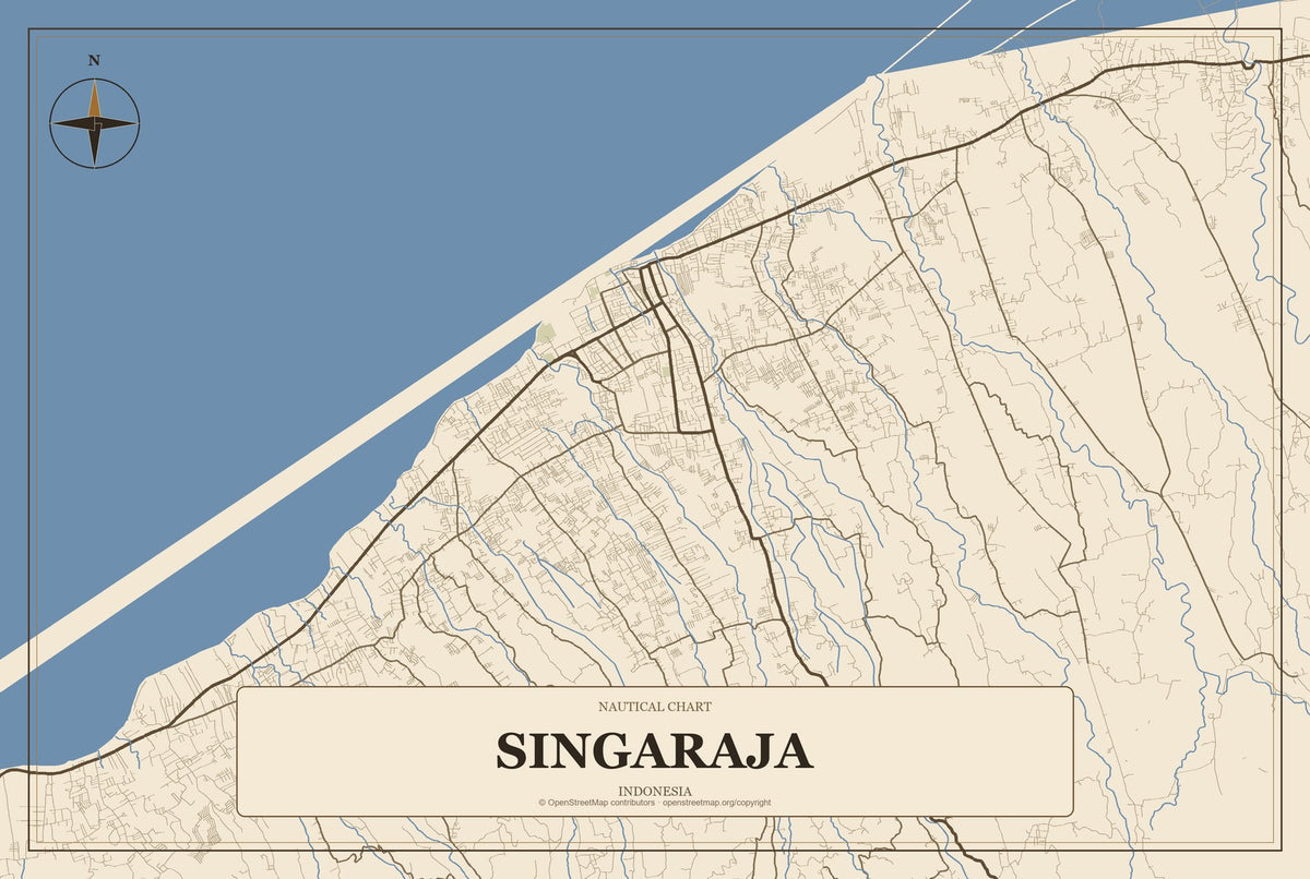Singaraja, Indonesia City Map Aluminum Sign in Heritage Nautical style