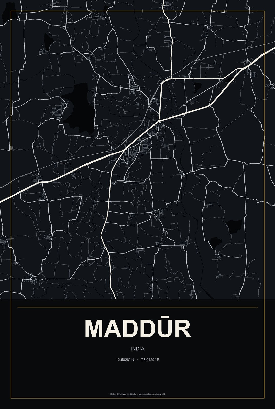 Maddūr, India City Map Aluminum Sign in Metropolitan Noir style