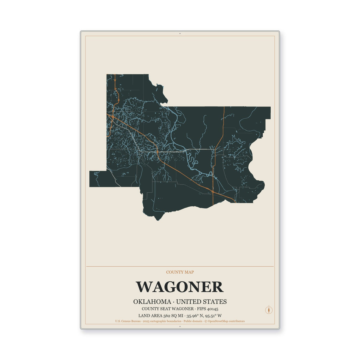 Wagoner County, Oklahoma Map Aluminum Sign in Headline Atlas style