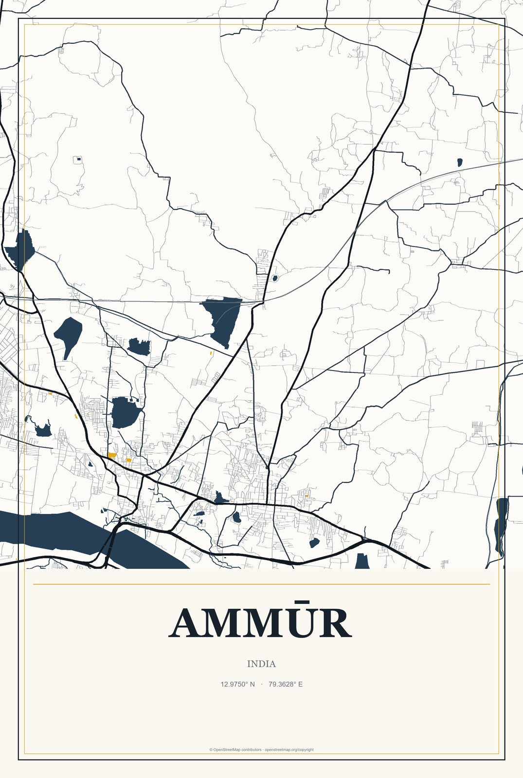 Ammūr, India City Map Aluminum Sign in Citrine Modern style