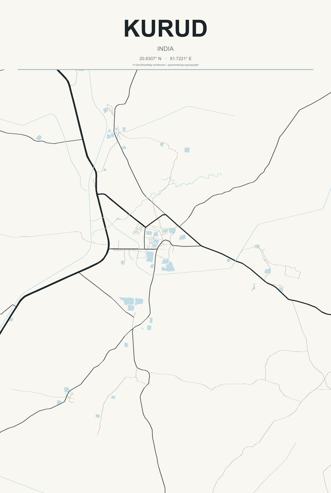 Kurud, India City Map Aluminum Sign in Headline Atlas style