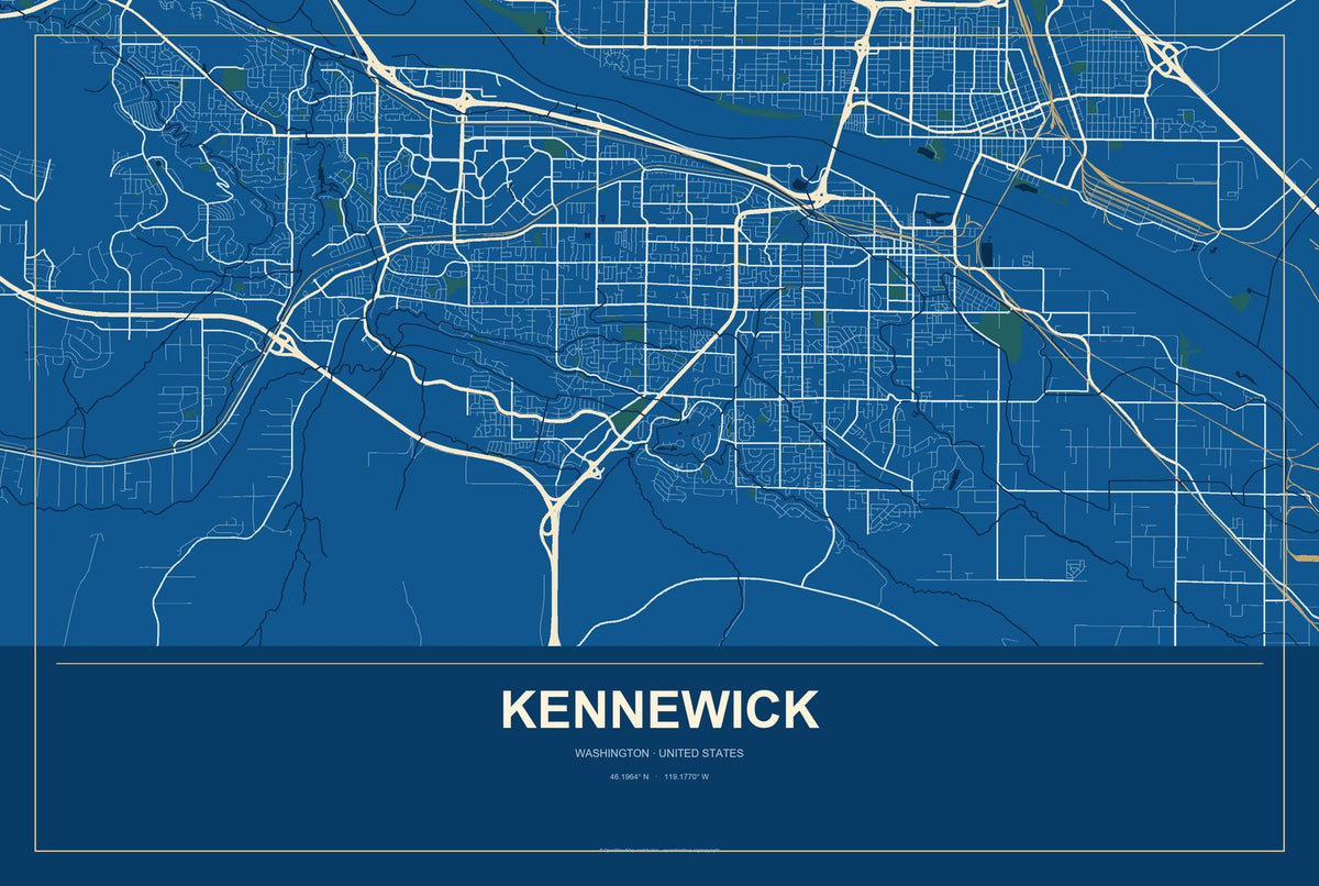 Kennewick, Washington City Map Aluminum Sign in Harbor Cobalt style