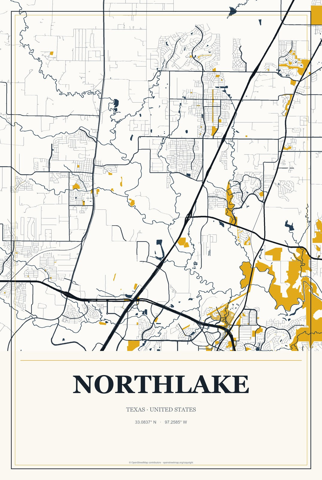 Northlake, Texas City Map Aluminum Sign in Citrine Modern style