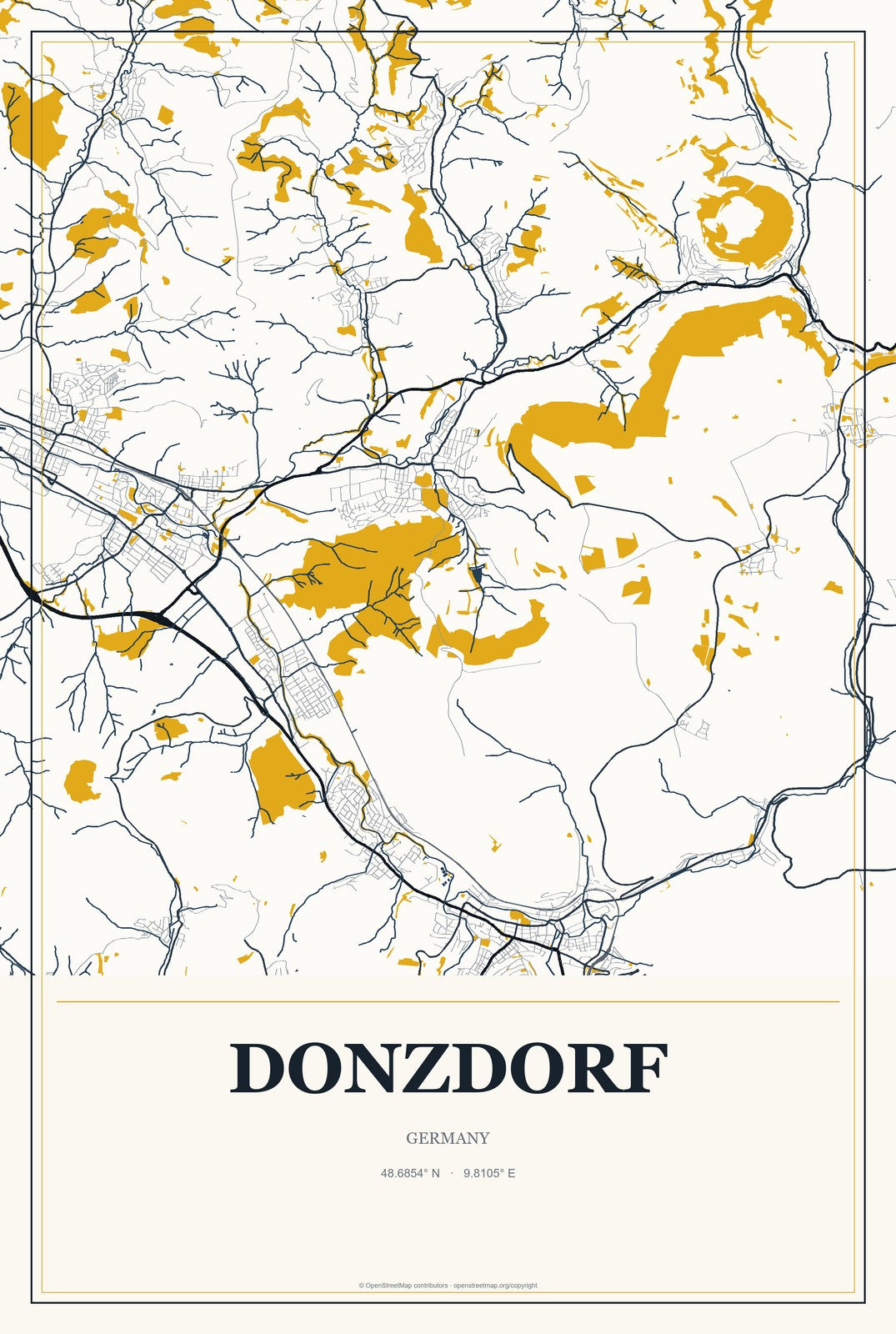 Donzdorf, Germany City Map Aluminum Sign in Citrine Modern style