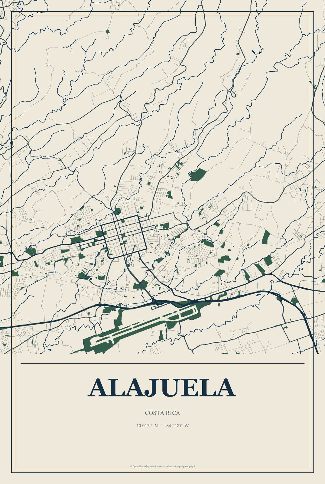 Alajuela, Costa Rica City Map Aluminum Sign in Coastal Cutout style