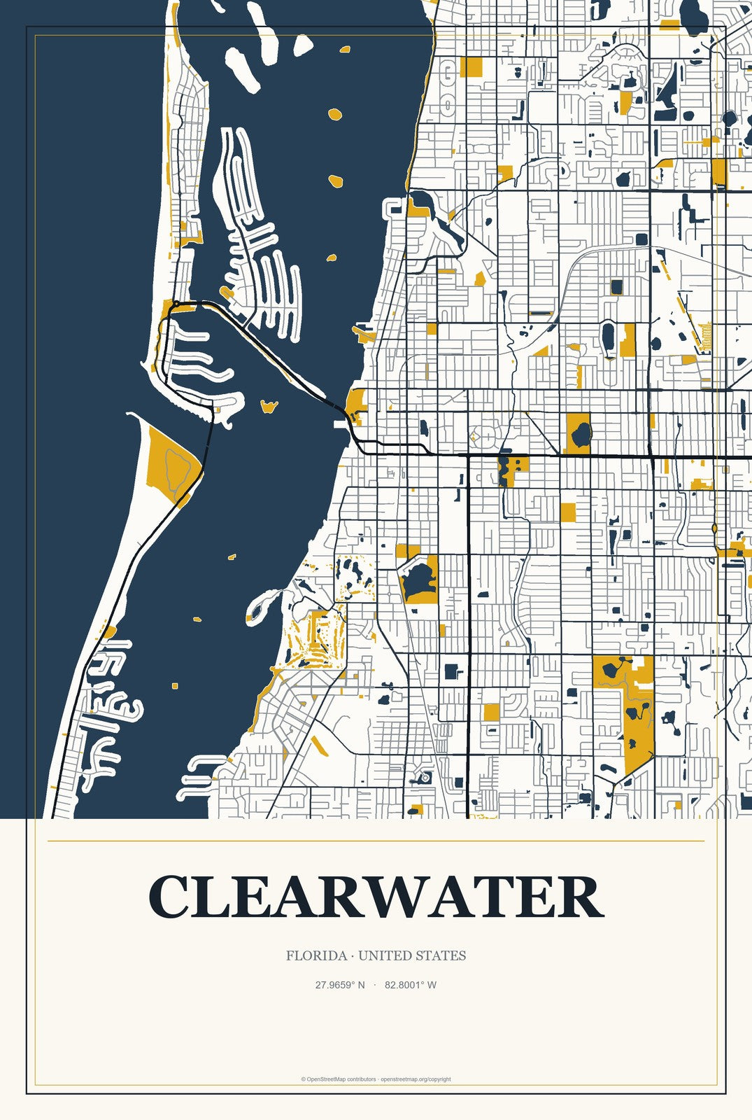 Clearwater, Florida City Map Aluminum Sign in Citrine Modern style