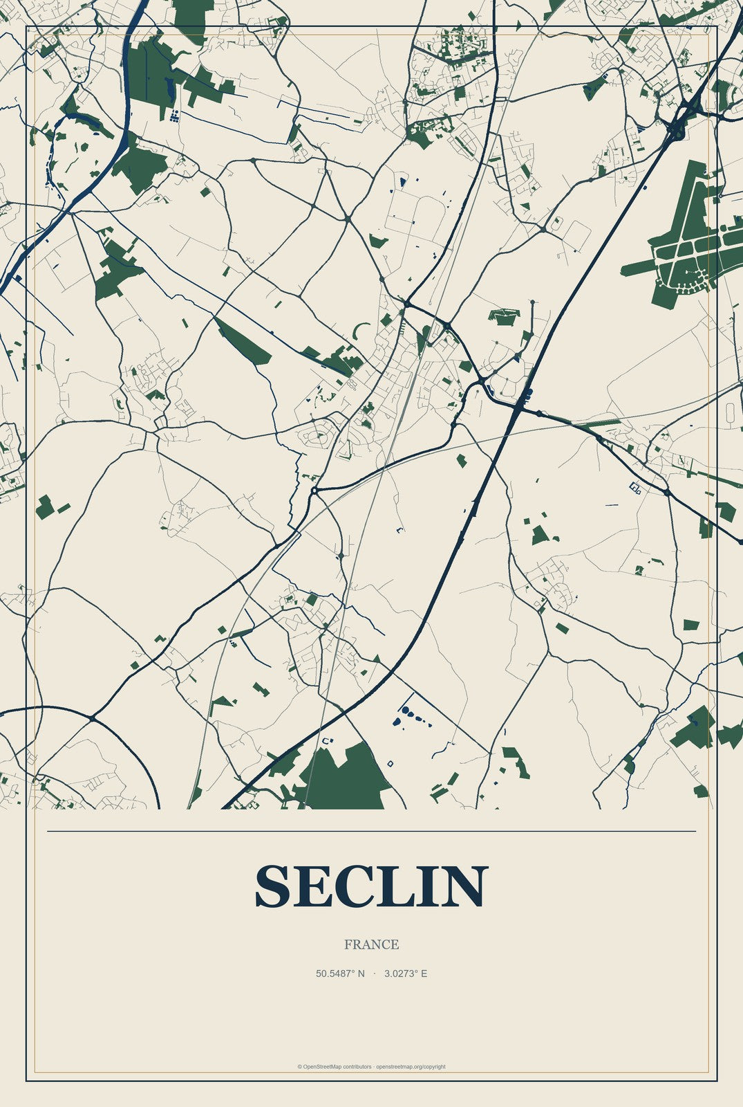 Seclin, France City Map Aluminum Sign in Coastal Cutout style