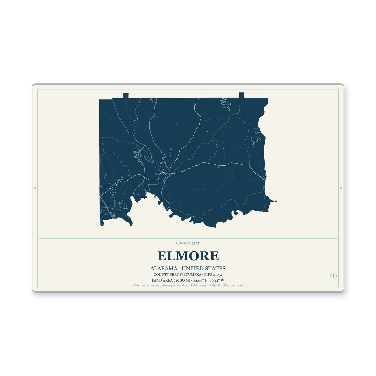 Elmore County, Alabama Map Aluminum Sign in Coastal Cutout style