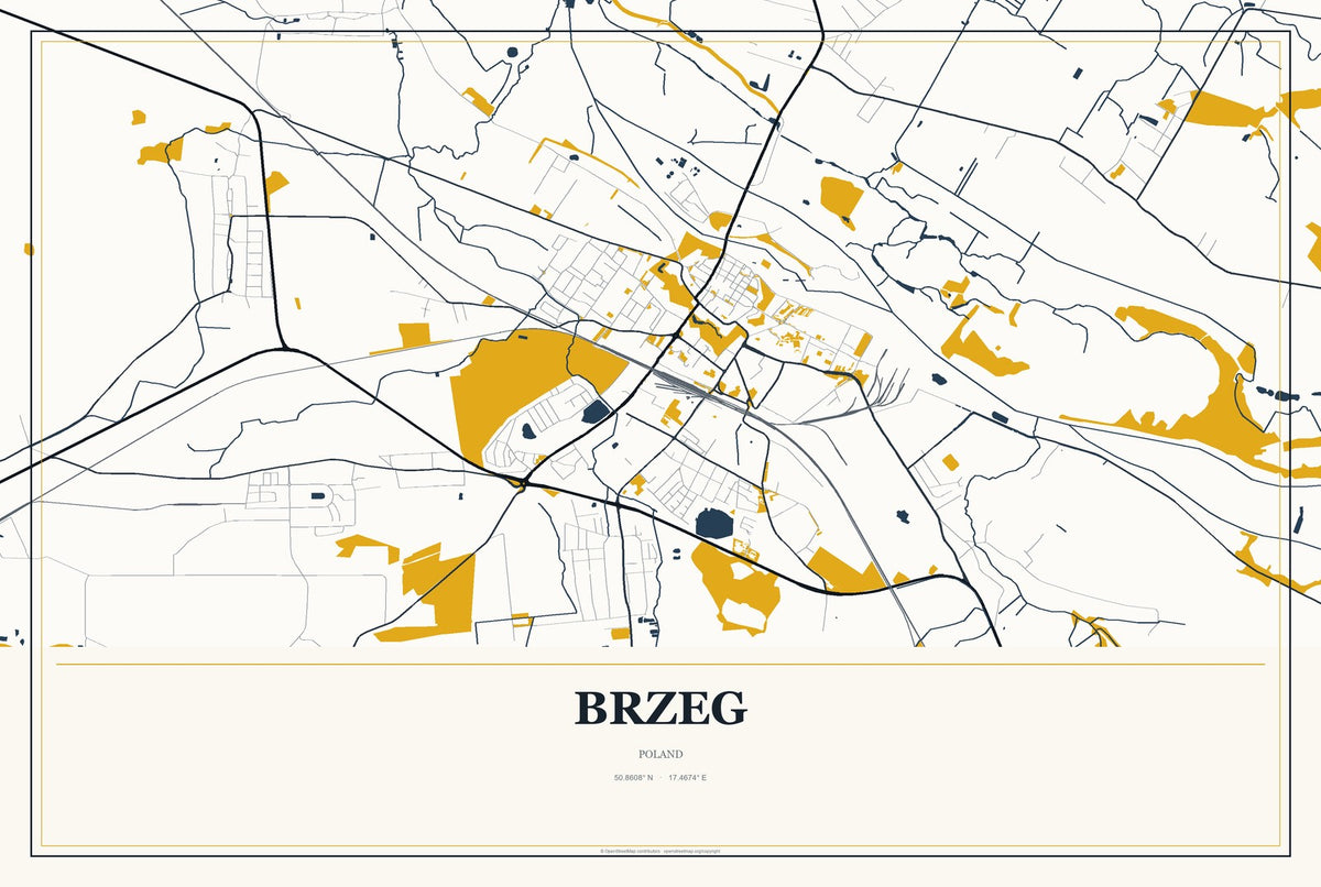 Brzeg, Poland City Map Aluminum Sign in Citrine Modern style