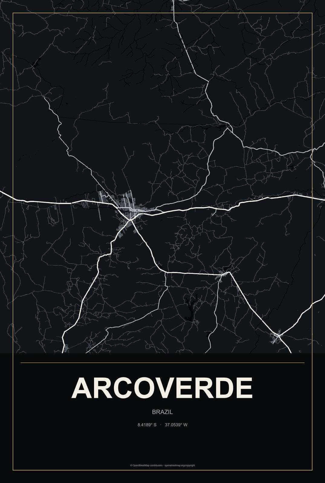 Arcoverde, Brazil City Map Aluminum Sign in Metropolitan Noir style
