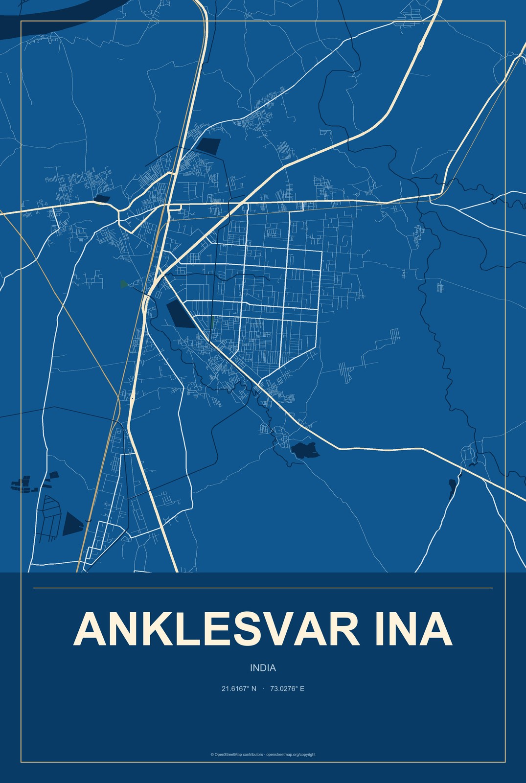Anklesvar INA, India City Map Aluminum Sign in Harbor Cobalt style