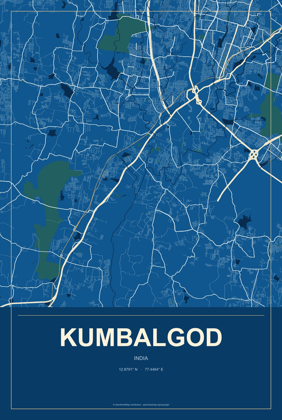 Kumbalgod, India City Map Aluminum Sign in Harbor Cobalt style