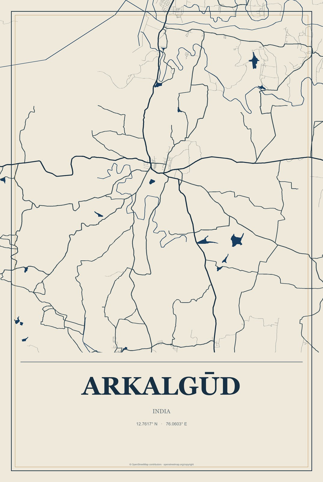 Arkalgūd, India City Map Aluminum Sign in Coastal Cutout style