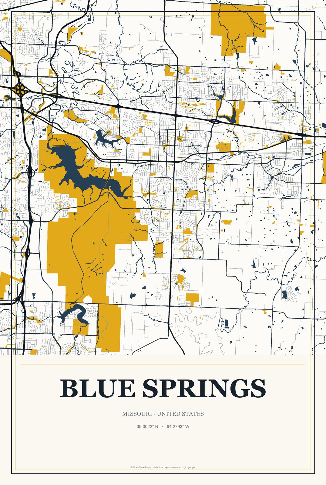 Blue Springs, Missouri City Map Aluminum Sign in Citrine Modern style