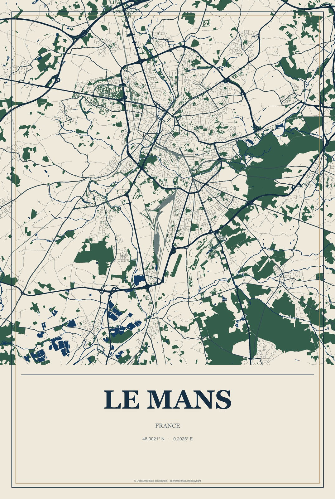 Le Mans, France City Map Aluminum Sign in Coastal Cutout style