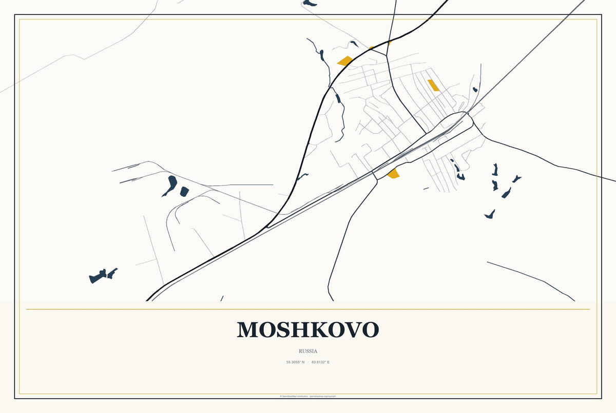Moshkovo, Russia City Map Aluminum Sign in Citrine Modern style