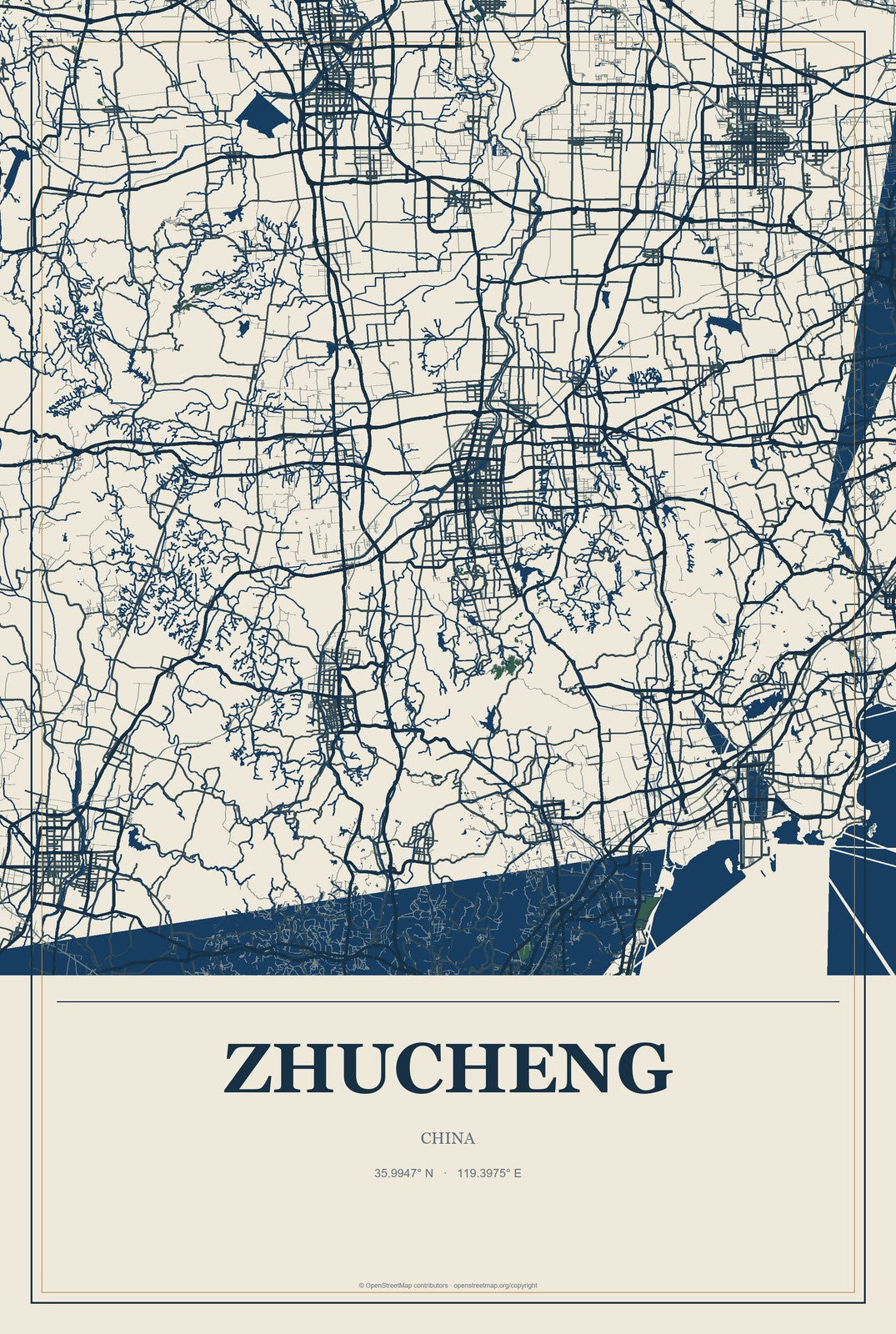 Zhucheng, China City Map Aluminum Sign in Coastal Cutout style