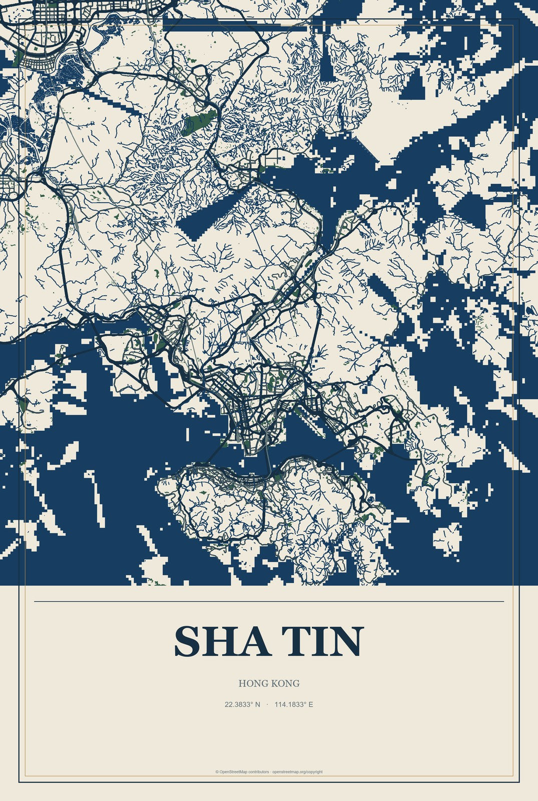 Sha Tin, Hong Kong City Map Aluminum Sign in Coastal Cutout style