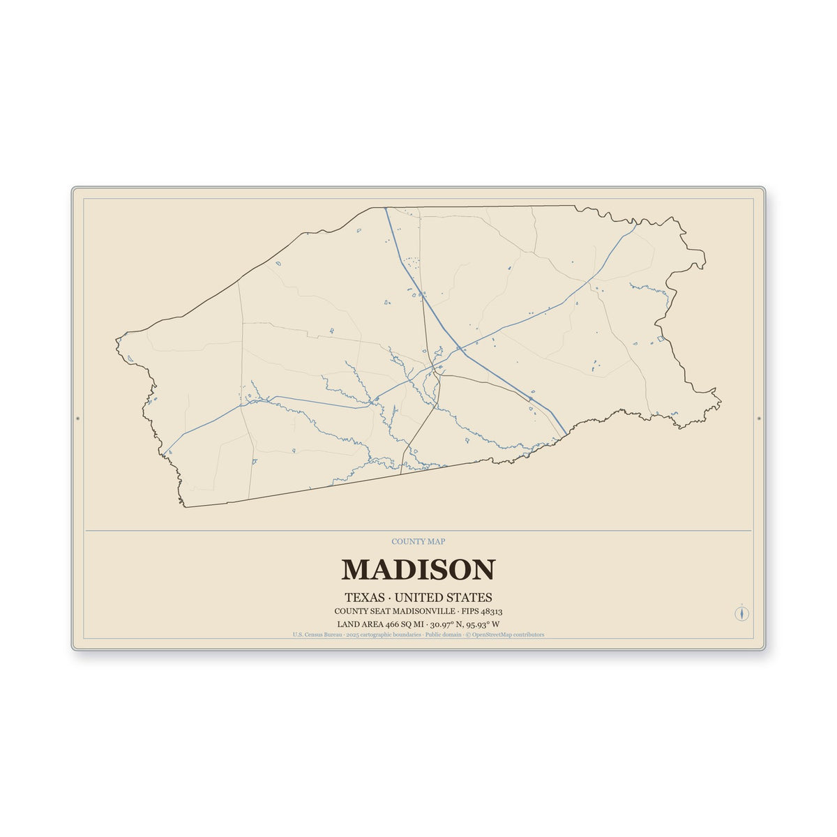 Madison County, Texas Map Aluminum Sign in Heritage Nautical style