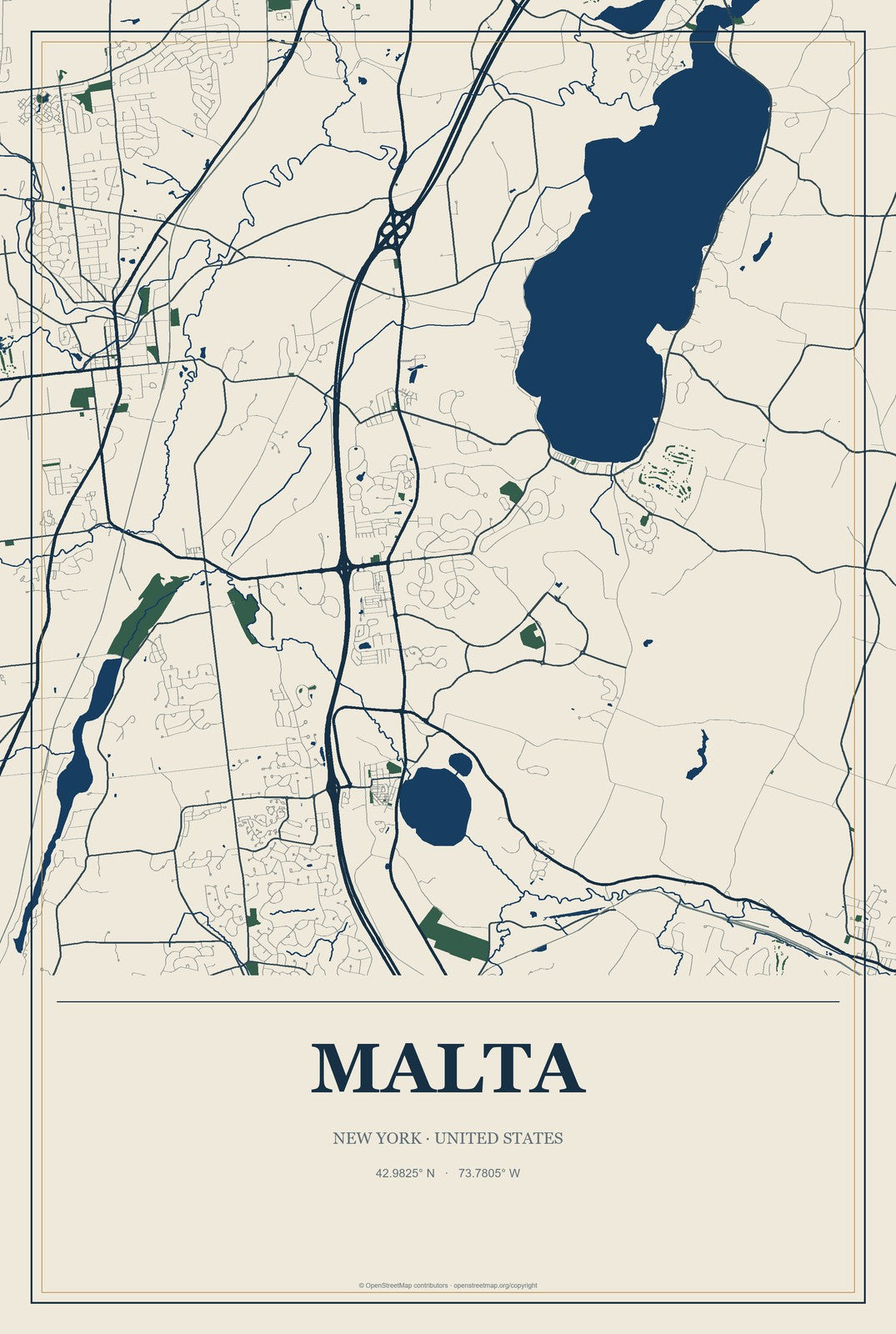 Malta, New York City Map Aluminum Sign in Coastal Cutout style