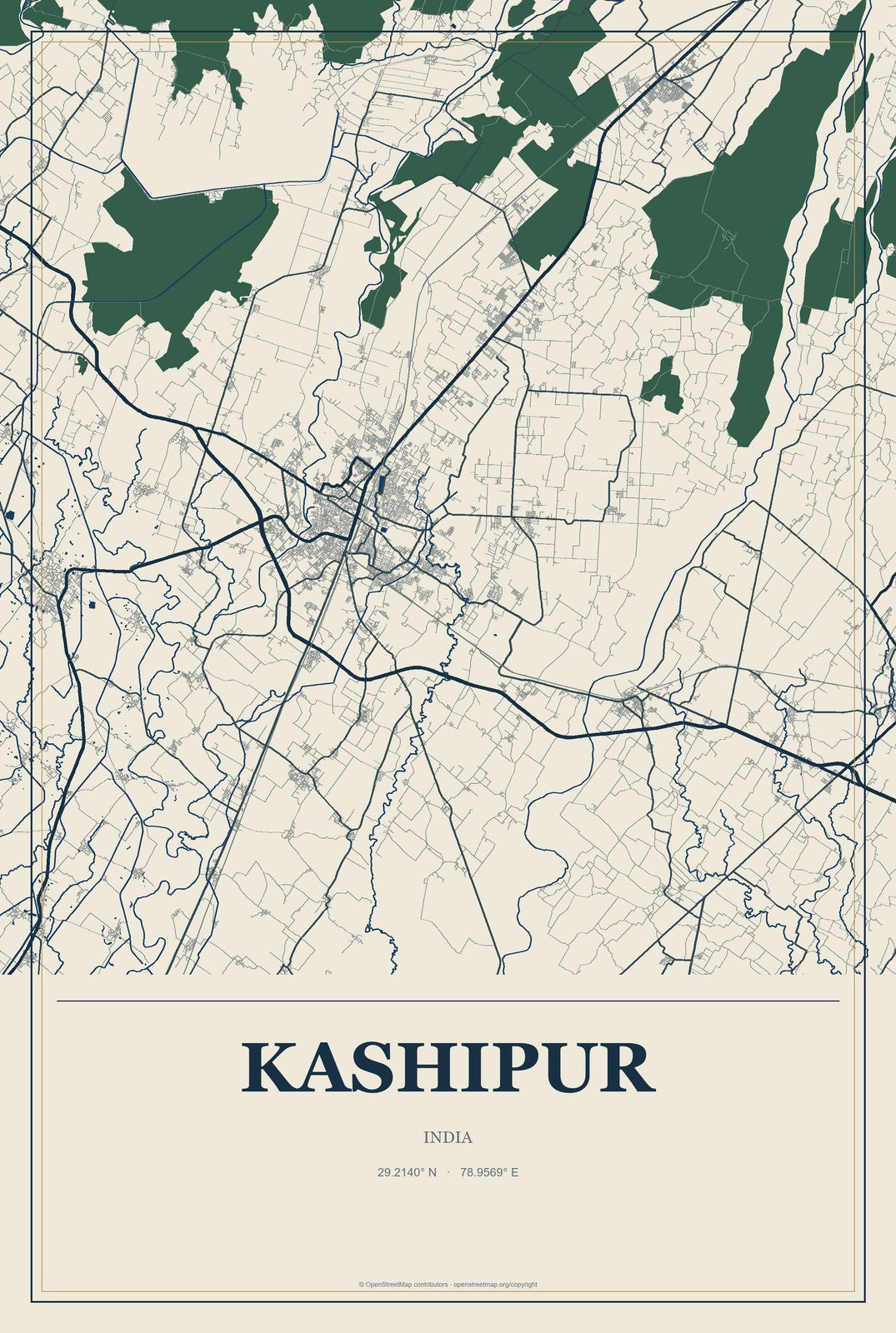 Kashipur, India City Map Aluminum Sign in Coastal Cutout style