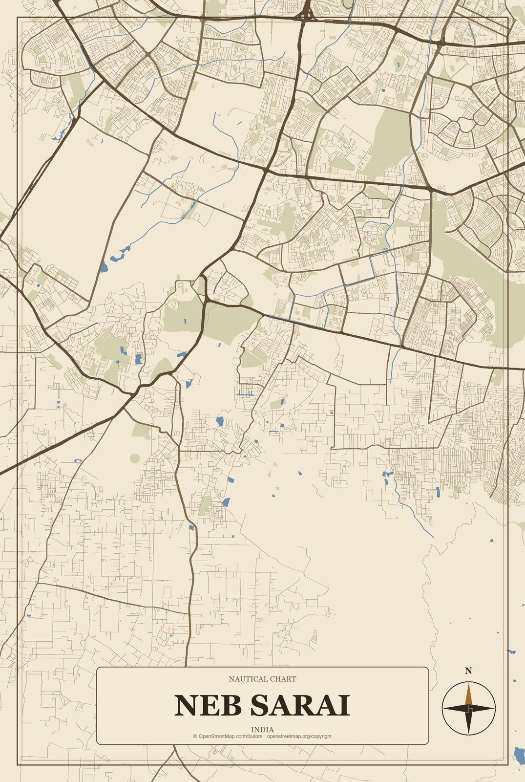 Neb Sarai, India City Map Aluminum Sign in Heritage Nautical style