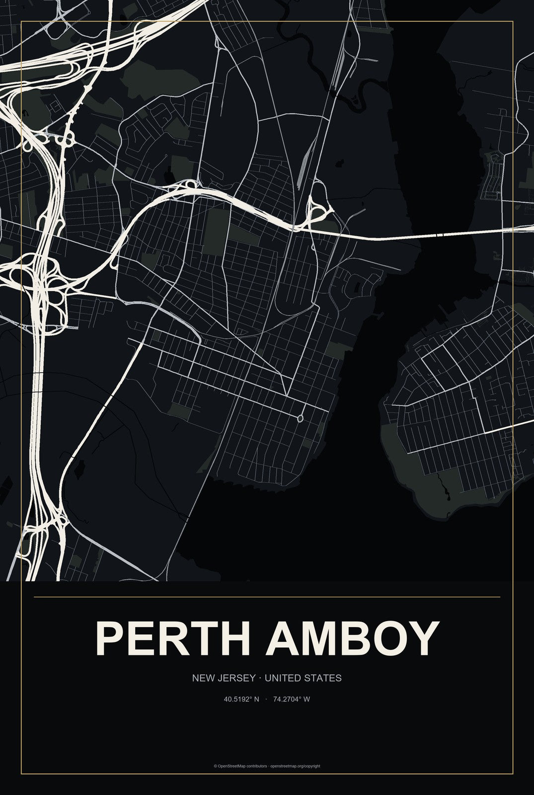 Perth Amboy, New Jersey City Map Aluminum Sign in Metropolitan Noir style