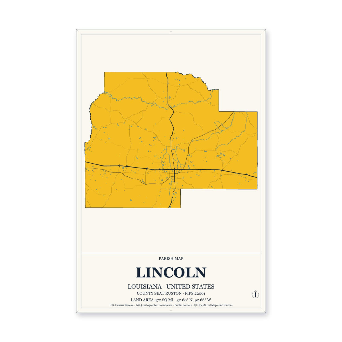 Lincoln Parish, Louisiana Map Aluminum Sign in Citrine Modern style